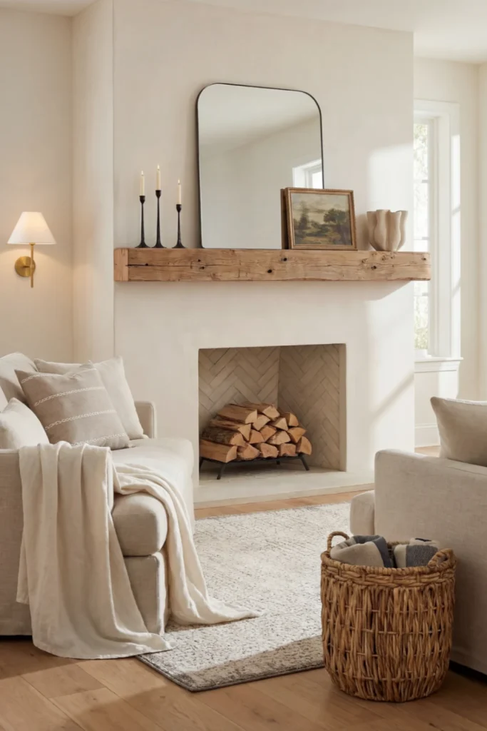 Soft living room with shelf styling