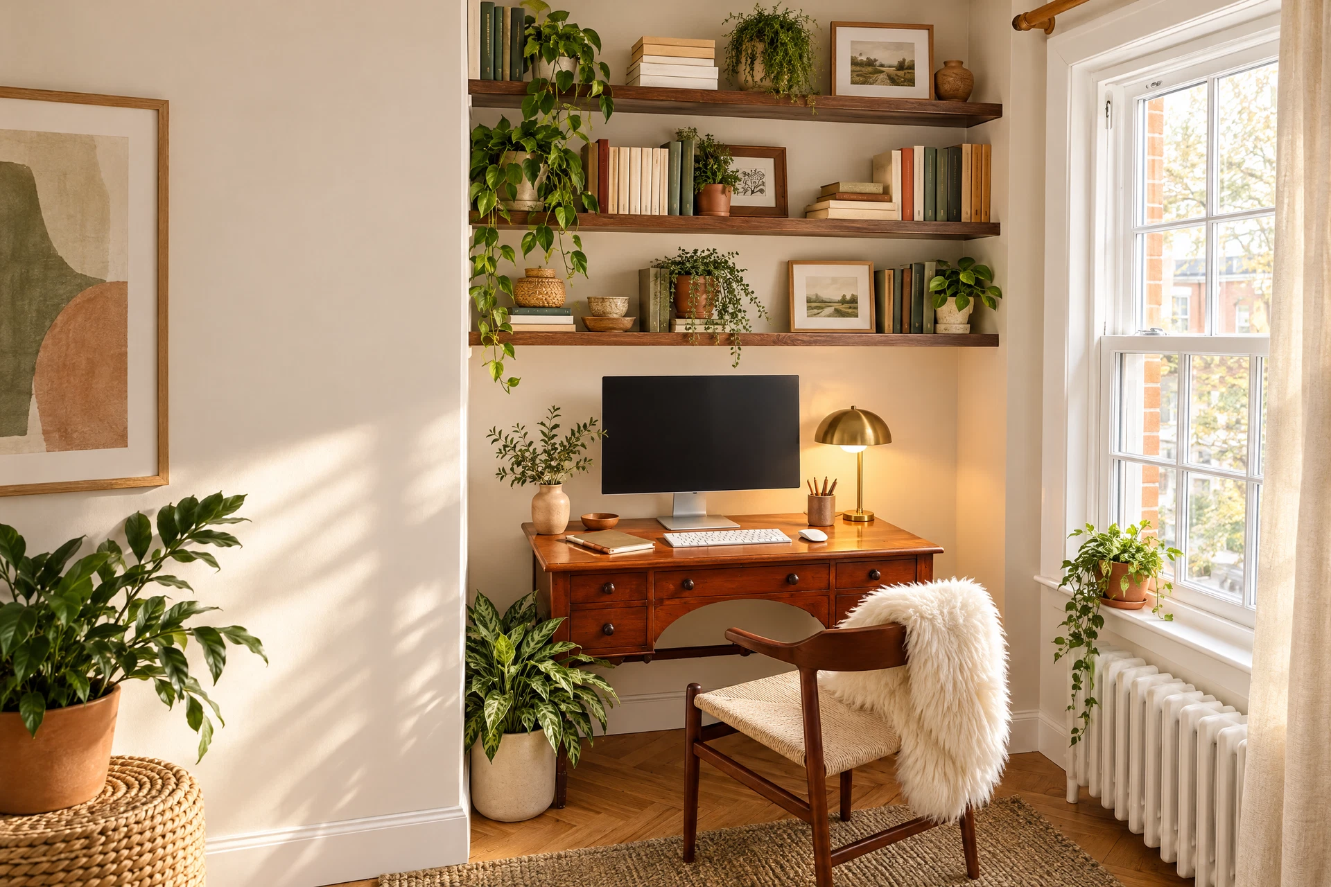 Compact home office nook with a slim desk, warm task lamp, soft colors, and concealed cables