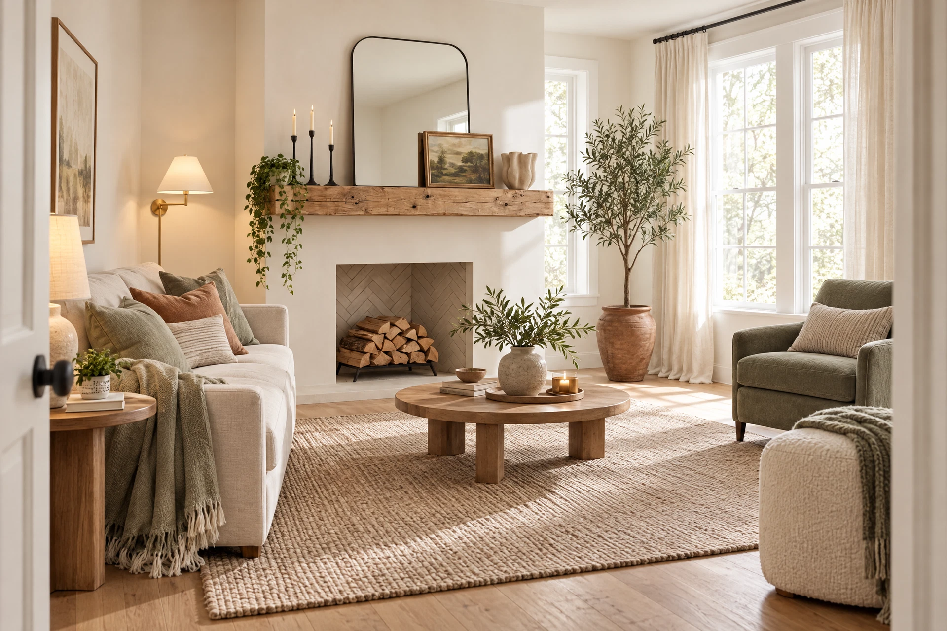 Compact living room with a clear walkway, slim furniture, and warm layered light