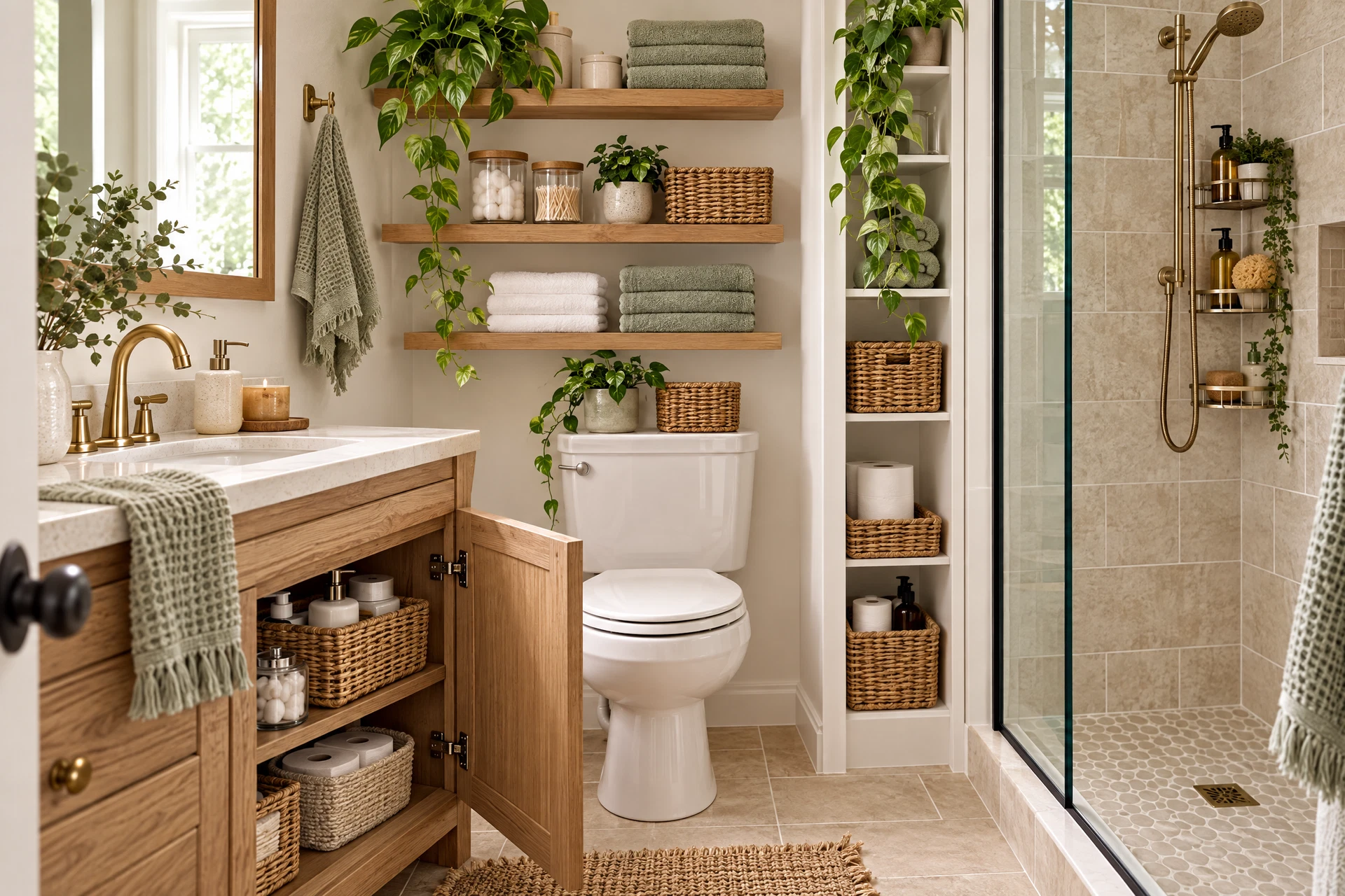 Small bathroom with tidy cabinet storage, vertical shelving, and clean warm materials