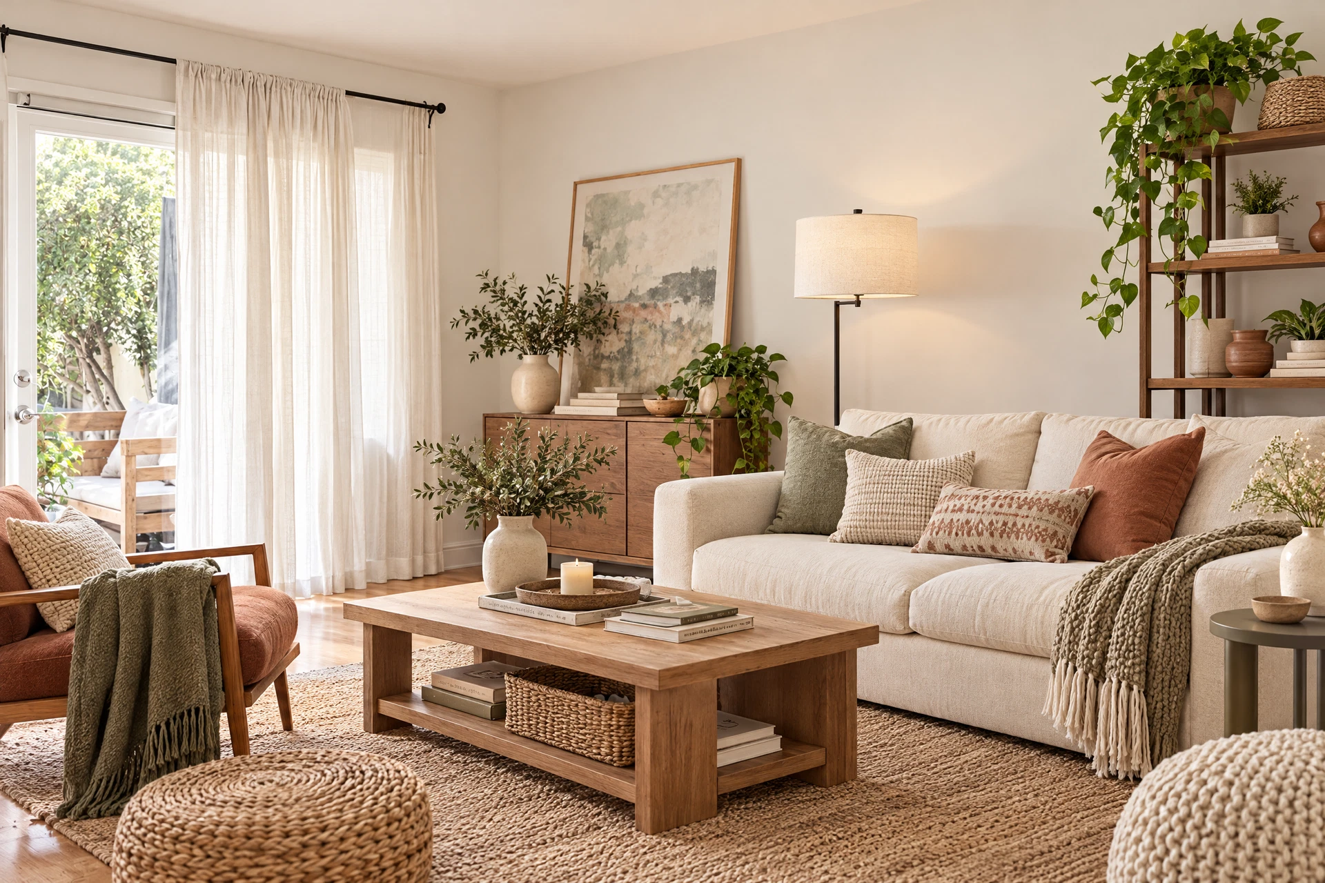 Warm rental living room with removable art, soft textiles, plug-in light, and freestanding storage
